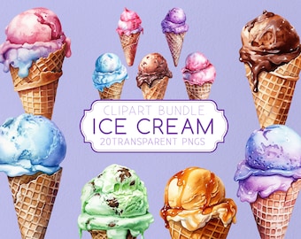 20 Ice Cream Cone Clipart Bundle Set, High quality clipart illustrations,  clip-art Transparent PNG Instant Digital Download