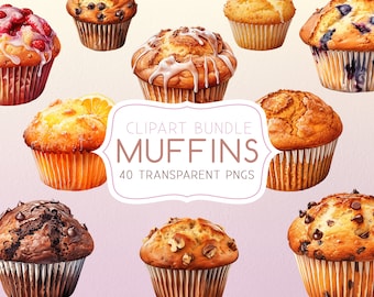 40 MUFFINS Clipart Bundle Set, High quality Watercolor clipart illustrations, muffin clip-art Transparent PNG Instant Digital Download
