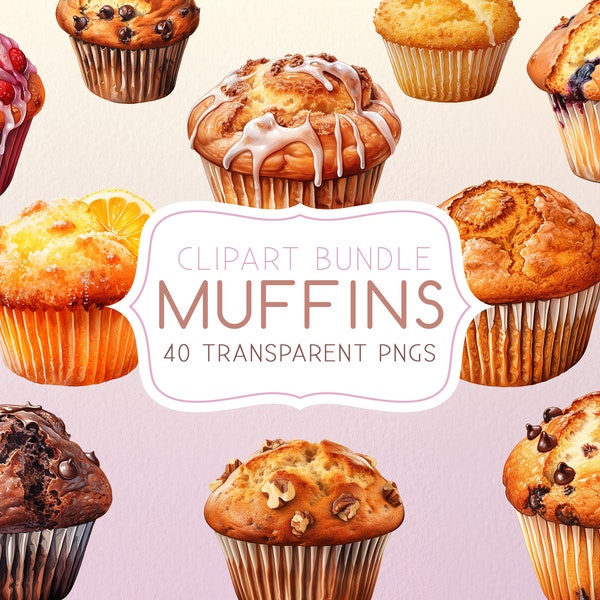 40 MUFFINS Clipart Bundle Set, High quality Watercolor clipart illustrations, muffin clip-art Transparent PNG Instant Digital Download