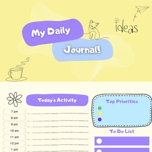 Può includere: Un planner giornaliero viola e blu con un'illustrazione di un gatto, una tazza di caffè e un aeroplano di carta. Il planner include sezioni per "Attività del giorno", "Priorità principali" e "Lista di cose da fare".