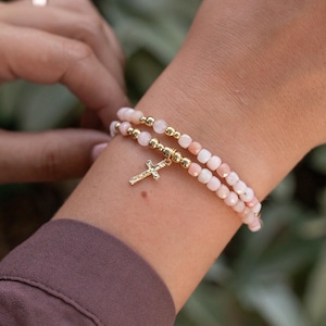 Pink Opal Dainty Wrap Rosary Bracelet - Full Rosary Bracelet - Dangling Crucifix - Gold Plated Beads - Gold Filled Medal Center Bead