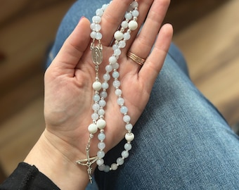 Modern Aquamarine Catholic Rosary - Silver - Catholic Rosary - Gemstone Rosary - Women’s Rosary
