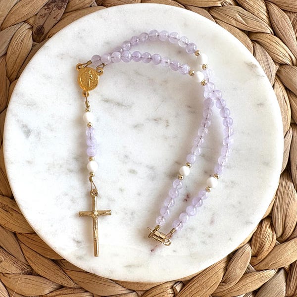 Lavender Modern Full Car Rosary - Rosary for Rearview Mirror - Auto Rosary - Purple Rosary - 14k Gold - Gemstone Rosary - Mini Rosary