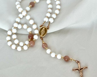 Modern White Catholic Rosary - Gold - Catholic Rosary - Gemstone Rosary - Women’s Rosary