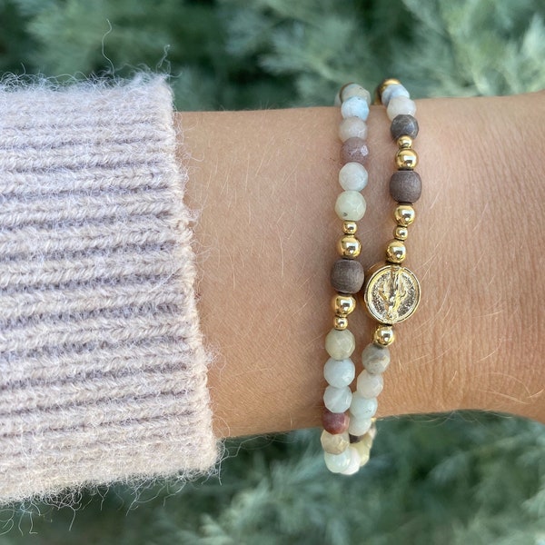 Amazonite and Wood Rosary Wrap Bracelet - Gold Filled Beads - Gold Plated Beads - Full Rosary Bracelet