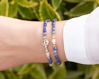 Blue Sodalite Dainty Wrap Rosary Bracelet - Gold Filled Medal Center Bead - Gold Plated Beads - Full Stretch Rosary Bracelet