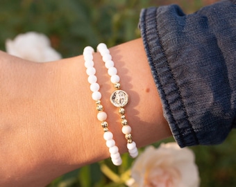 White and Cream Dainty Wrap Rosary Bracelet - Full Rosary Bracelet - Gold Plated Beads - Gold Filled Medal Center Bead