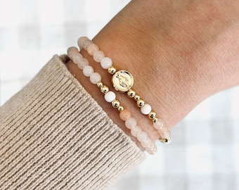 Peach Aventurine Dainty Wrap Rosary Bracelet - Full Rosary Bracelet - Gold Plated Beads - Gold Filled Medal Center Bead