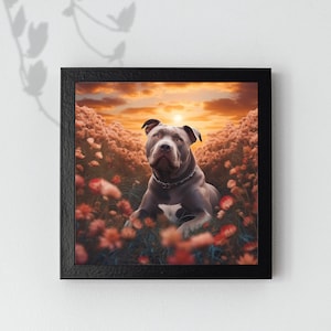 Pit Bull Field of Flowers Poster, Cute Pit Bull Wall Art, Pit Bull Lover Gift, Unframed
