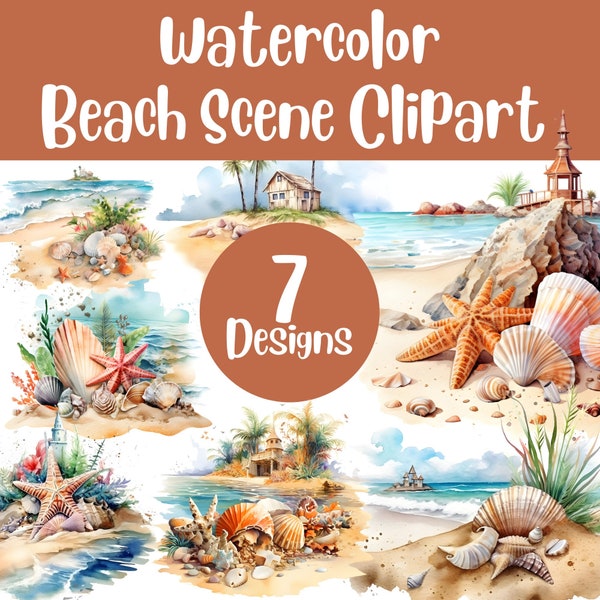 Strand Szene Bundle - Clipart Aquarell Stil - Scrapbook Elements - Png - Urlaub - Urlaub