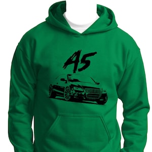 May include: Green hooded sweatshirt with a black graphic of a car and the number "45" on the front.