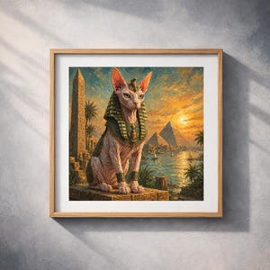 Sphynx Cat Oil Painting, Egyptian Pyramid Sunset Wall Art (Digital Download)