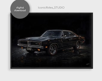 1969 Dodge Charger RT Wall Art, Black Muscle Car Poster Print, Classic Car Decor Gift, Digital Download