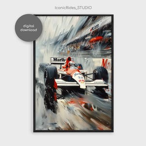 May include: A red and white Formula One racing car with the Marlboro logo on the side, speeding through a racetrack in the rain. The car is blurred due to its speed, and the background is a blur of white and grey.