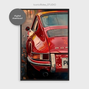 Pintura al óleo Porsche 911 rojo, arte de automóviles clásicos, cartel automotriz, impresión Porsche 911, regalo para él / Descarga digital