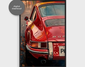 Red Porsche 911 Oil Painting, Classic Car Art Print, Vintage Porsche Poster, Car Enthusiast Gift, Garage Wall Decor, Digital Download