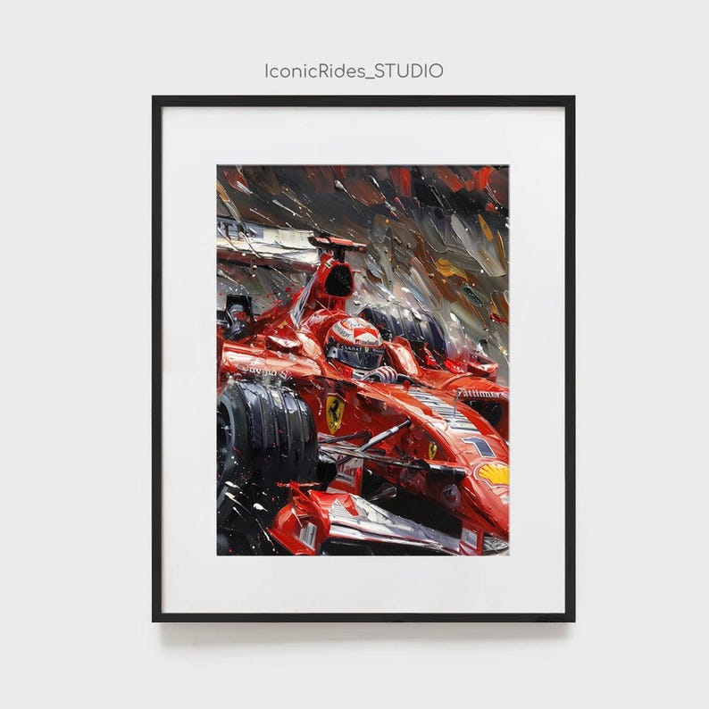 K&ouml;nnte beinhalten: Ein roter Formel-1-Rennwagen mit einem Fahrer in einem Helm, im Stil einer stilisierten Impression. Das Auto befindet sich auf einer Rennstrecke mit verschwommenem Hintergrund.