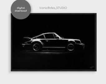 Porsche 911 Turbo 930 silhuett väggkonst, mörk klassisk bilaffisch, luftkyld tryck, bilentusiastpresent, garagedekor, digital nedladdning