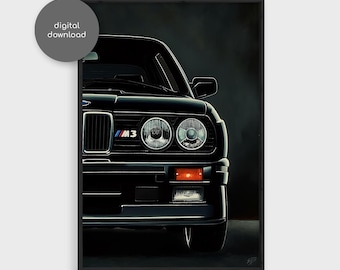May include: A black BMW M3 with the M3 badge on the front grille. The car is in focus and the background is blurred. The car is a classic sports car.