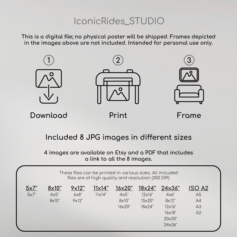 May include: A digital download of 8 JPG images in different sizes, including 5x7 inches, 8x10 inches, 9x12 inches, 11x14 inches, 16x20 inches, 18x24 inches, 24x36 inches, and ISO A2. The images are high quality and resolution (300 DPI).