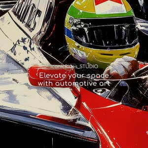 Op de afbeelding: Een close-up van een rode en witte raceauto met een gele helm op de bestuurdersstoel. De auto heeft een zwart-witte streep aan de zijkant en de tekst "IconicRides_STUDIO Elevate your space with automotive art" is zichtbaar.