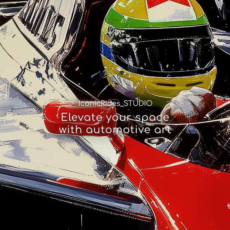 Op de afbeelding: Een close-up van een rode en witte raceauto met een gele helm op de bestuurdersstoel. De auto heeft een zwart-witte streep aan de zijkant en de tekst "IconicRides_STUDIO Elevate your space with automotive art" is zichtbaar.