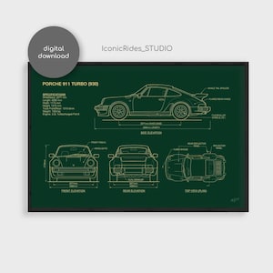 May include: A dark green technical print featuring a Porsche 911 Turbo 930. The poster displays side, front, rear, and top elevations with gold line drawings and text labels for specifications, including wheelbase, length, width, and engine details.