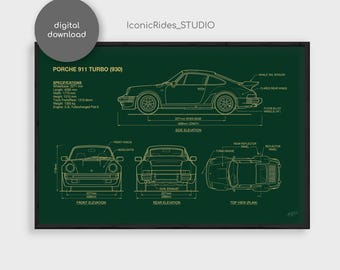 Porsche 911 Turbo 930 Blueprint Wall Art, Classic Car Poster Print, Garage Decor Gift, Digital Download