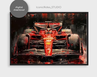 Puede incluir: Impresión digital de un coche de carreras de Fórmula 1 rojo. La imagen presenta un primer plano del coche sobre un fondo oscuro y abstracto. La impresión incluye el texto "IconicRides_STUDIO" y "digital download".