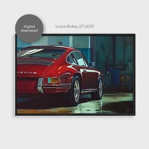 May include: A red Porsche 911 classic sports car parked in a garage. The car is facing away from the camera, with the rear end and taillights visible. The car is in a dimly lit garage with a blue and green color scheme.