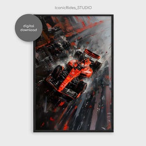Op de afbeelding: Een digitale schildering van een rode raceauto die over een circuit racet. De auto is geschilderd in een abstracte zwart-wit stijl, met spatten van rood en oranje.