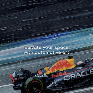 May include: An abstract painting of a Formula 1 race car in motion. The car is primarily black with red and yellow accents, and the Oracle logo is visible. The artwork has a textured, painterly style, with the text "Elevate your space with automotive art".