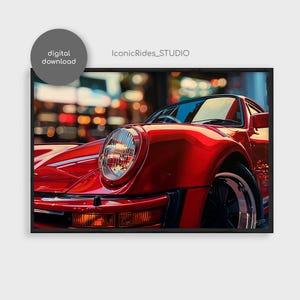 May include: A close-up of a red Porsche 911 with a black bumper and black wheels. The car is parked on a street with blurred lights in the background.