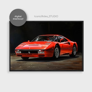 Könnte beinhalten: Ein roter Ferrari Sportwagen mit schwarzen Akzenten steht auf einem dunklen Asphaltbelag. Das Auto ist zur Kamera gerichtet und die vorderen Scheinwerfer sind sichtbar. Das Auto befindet sich in einer dunklen Umgebung mit verschwommenem Hintergrund.