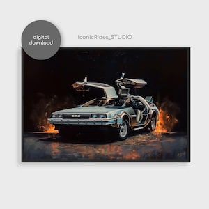 May include: A silver DeLorean time machine with its doors open, set against a dark background with smoke and fire effects. The car has the text "DMC" on the front.