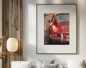 赤いポルシェ911の油絵：クラシックカーのアートプリント（デジタル