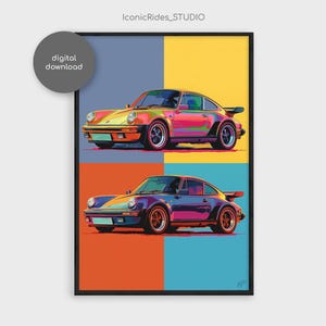 May include: A digital illustration of two Porsche 911 Turbo cars in a pop art style. The cars are in a colorful grid pattern with a blue, yellow, and orange background. The cars are in different colors, one is red, yellow, and blue, and the other is purple, blue, and green.