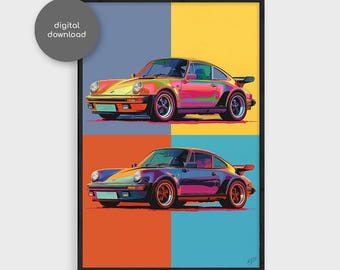 Pop Art Porsche 930 Turbo Print, Modern Car Wall Art Poster, Classic Porsche Gift for Him, Garage Decor, Car Lover Gift, Digital Download