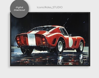 May include: A framed print of a classic red sports car with a white racing stripe. The car is depicted in a wet environment, with water droplets and reflections. The print includes the text "digital download" and "IconicRides_STUDIO".