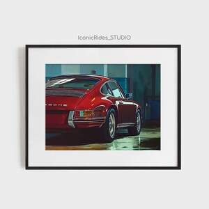 May include: A red Porsche 911 classic car parked in a garage. The car is facing away from the camera and the rear of the car is in focus. The car has a black bumper and black wheels.