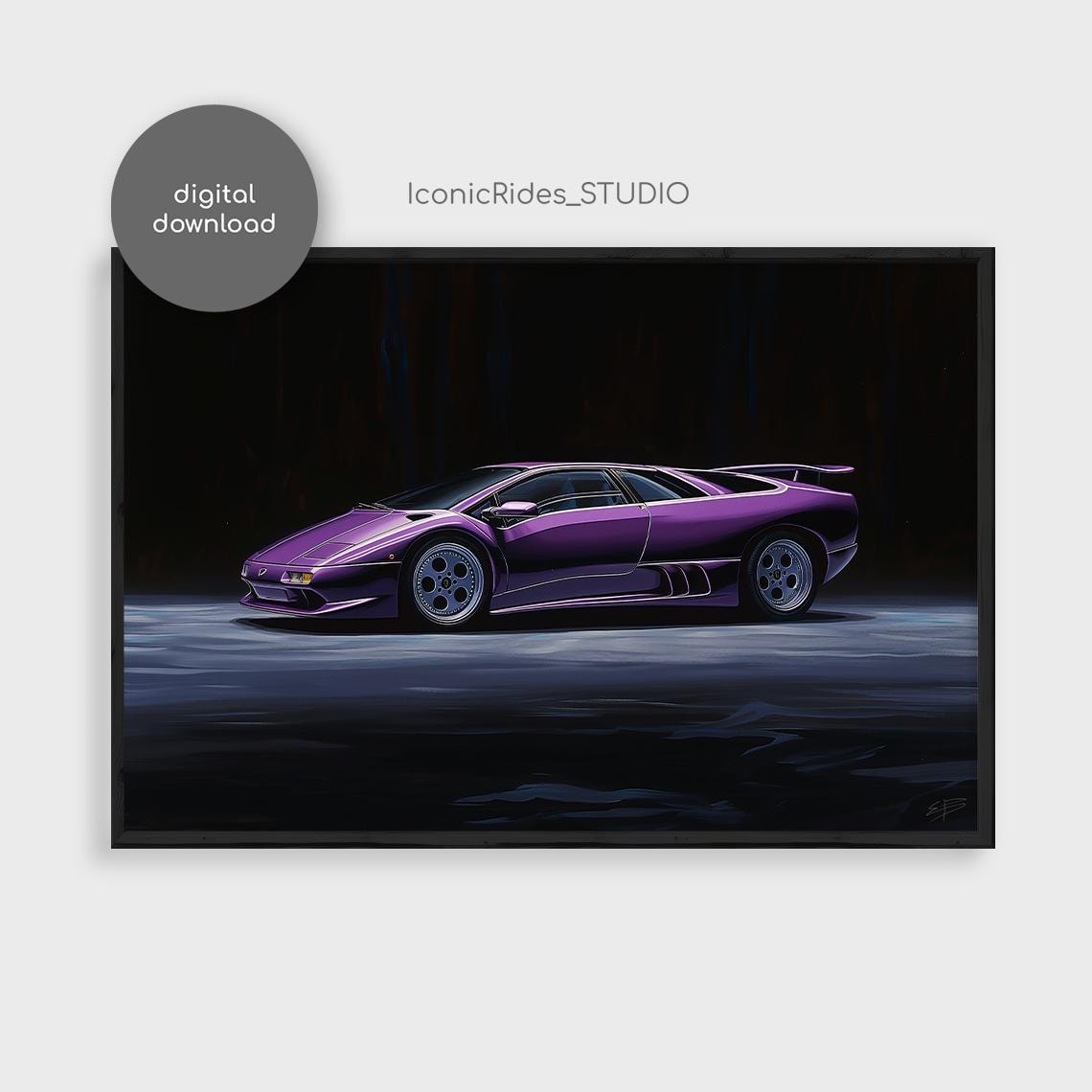Lamborghini Diablo Poster – Purple Supercar Painting – Classic