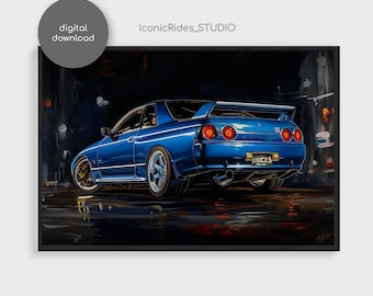 Nissan Skyline GTR R32 Wall Art, JDM Car Poster Print, Oil Painting Style, Gift for Car Lover, Garage Decor, Man Cave, Digital Download