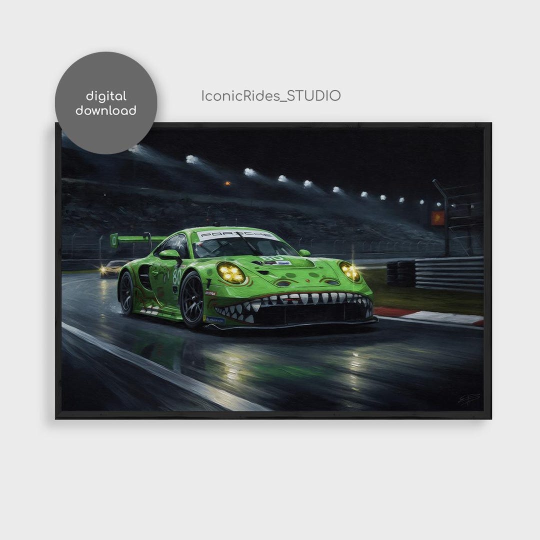 Porsche 911 GT3 R Rexy Livery Poster, Green Dinosaur Race Car Art ...