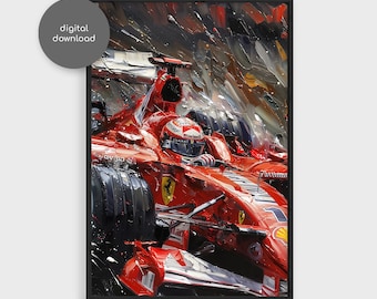 May include: A red Formula One race car with a driver wearing a helmet, painted in a stylized, abstract style. The car is in motion, with the front wheel visible and the background blurred.