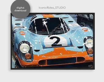 Porsche 917K Gulf Le Mans Oil Painting, Vintage Race Car Poster, Classic Racing Wall Art, Car Lover Gift, Garage Decor, Digital Download
