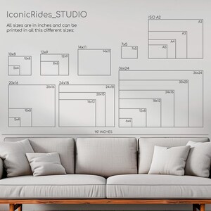 May include: A white wall with a diagram showing different print sizes in inches. The sizes range from 5x4 inches to 36x24 inches. The diagram is labeled "IconicRides_STUDIO".  All sizes are in inches and can be printed in all this different sizes.