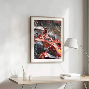 K&ouml;nnte beinhalten: Ein Gem&auml;lde eines roten Formel-1-Rennwagens, der durch einen Regensturm rast. Das Auto ist mit dem Ferrari-Logo bemalt und der Fahrer tr&auml;gt einen Helm. Das Gem&auml;lde ist in einem lockeren, impressionistischen Stil gehalten.