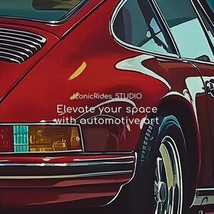 May include: A close-up of a red classic car with a black bumper and a chrome wheel. The car has a yellow reflection on the side. The text "IconicRides_STUDIO Elevate your space with automotive art" is visible on the car.