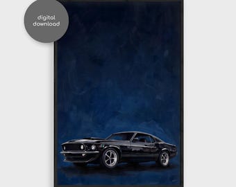 1969 Ford Mustang Mach 1 Wall Art, Classic Muscle Car Poster Print, Garage Decor, Car Gift, Digital Download