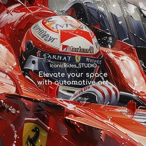 K&ouml;nnte beinhalten: Nahaufnahme eines roten Rennwagens mit einem Fahrer, der einen rot-wei&szlig;en Helm tr&auml;gt. Das Auto ist mit Wassertropfen bedeckt. Der Text "Elevate your space with automotive art" ist auf dem Bild zu sehen. IconicRides_STUDIO ist ebenfalls auf dem Bild zu sehen.